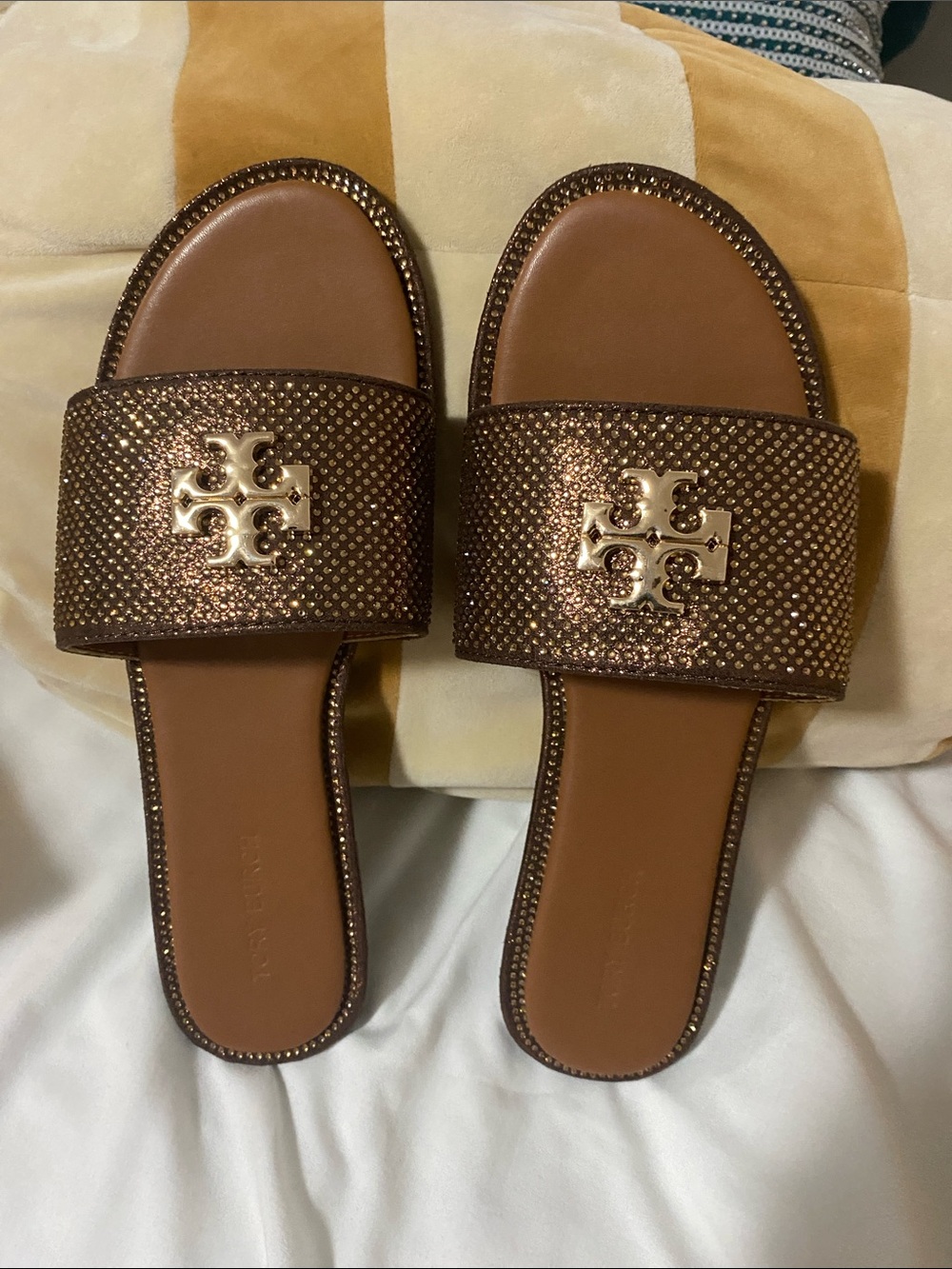 Tory Burch Bronze Metallic Logo Slide Mules